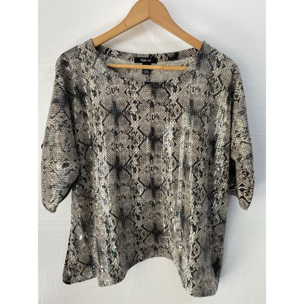 Style Co Black White Snake Print Sequins Blouse sz Medium Mob Wife Old Money